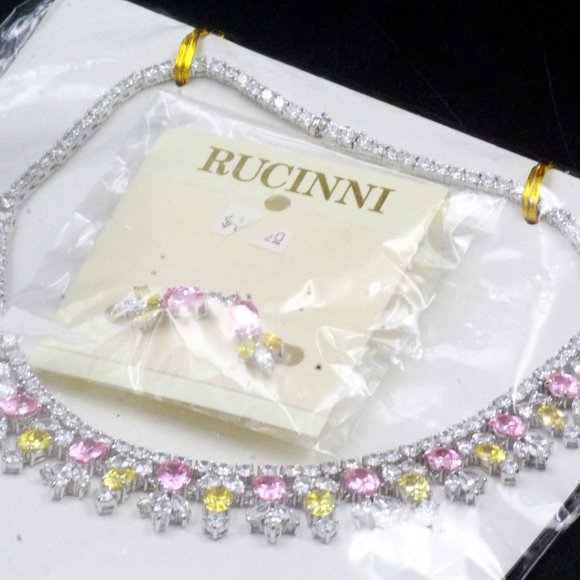 NOS Rucinni Rhinestones Jeweled Crystals Yellow Pink Pastel Necklace Set - Picture 2 of 13